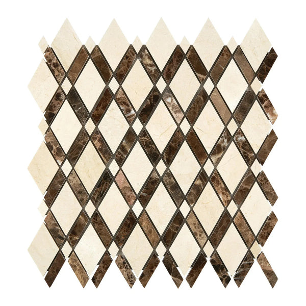 Diamond-patterned mosaic tile in Crema Marfil Marble Lattice design