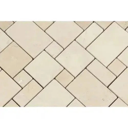 Beige geometric tile pattern of Crema Marfil Marble Mini-Versailles mosaic