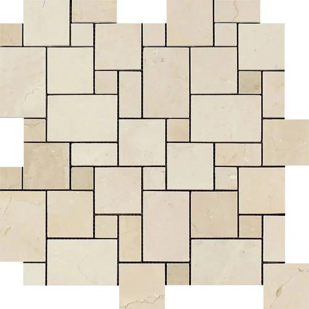 Beige Stone Tile Mosaic in Crema Marfil Marble Mini-Versailles Pattern Polished Finish