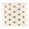 Beige and brown mosaic tile in Crema Marfil Marble Octave with Emp. Dark Dots polished finish