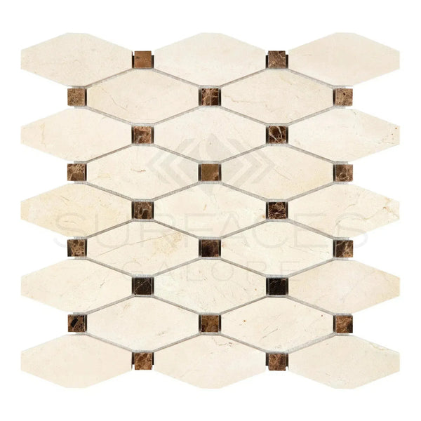 Beige and brown mosaic tile in Crema Marfil Marble Octave with Emp. Dark Dots polished finish