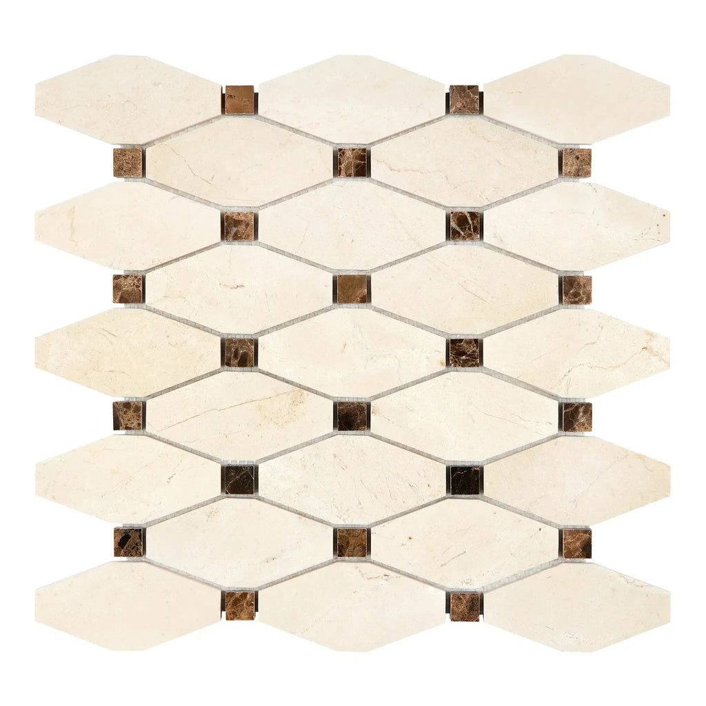 Mosaic tile sheet featuring Crema Marfil Marble with diamond and square shapes