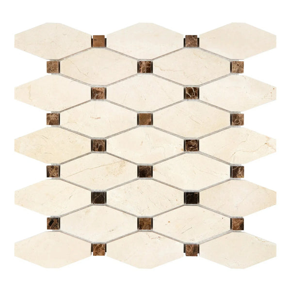 Mosaic tile sheet featuring Crema Marfil Marble with diamond and square shapes