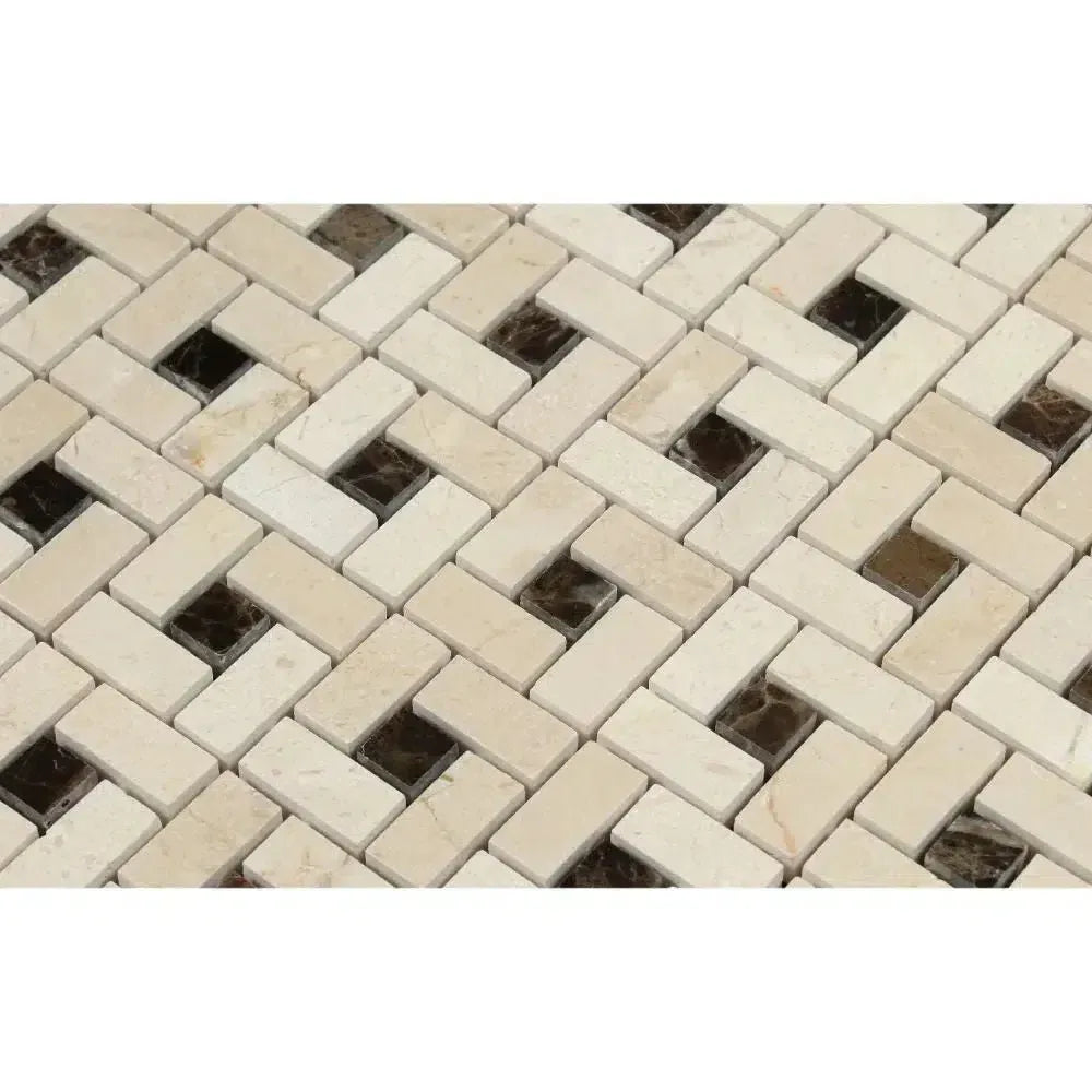 Interlocking beige and brown mosaic tiles in Crema Marfil Marble Pinwheel design