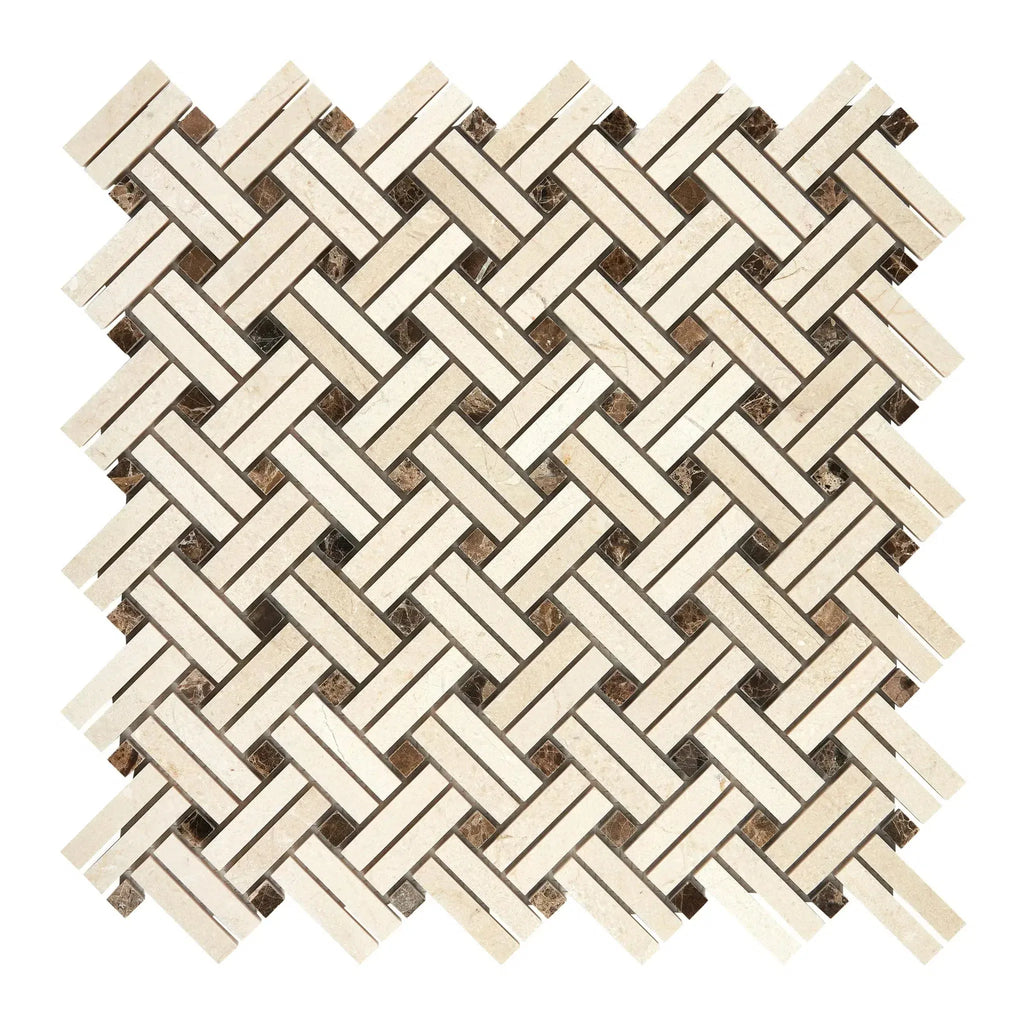 Woven pattern of beige and brown mosaic tiles in Crema Marfil Marble Stanza design