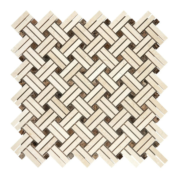 Woven pattern of beige and brown mosaic tiles in Crema Marfil Marble Stanza design