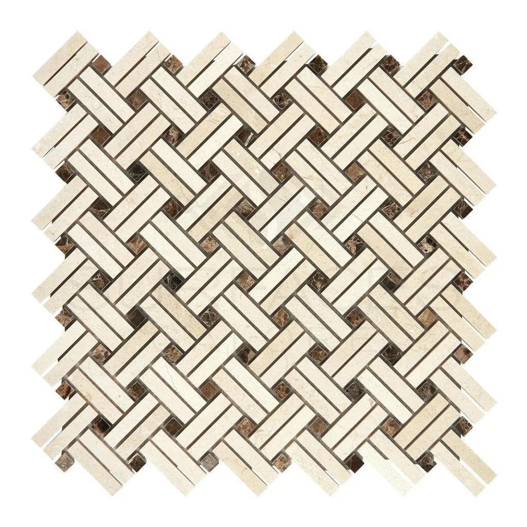 Woven mosaic tile pattern in Crema Marfil Marble with Emp. Dark Dots, polished finish