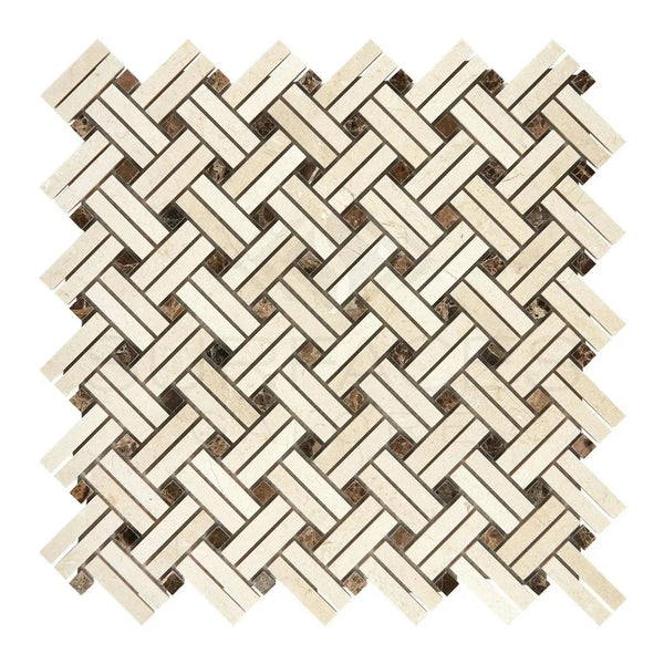 Woven mosaic tile pattern in Crema Marfil Marble with Emp. Dark Dots, polished finish