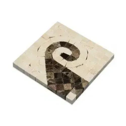 Square mosaic tile featuring spiral design in Crema Marfil Marble Wave Border Corner