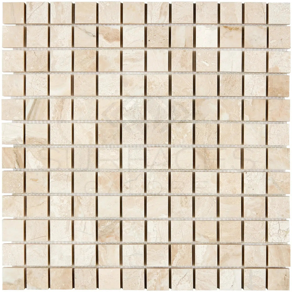 Beige mosaic tile sheet of Diano Royal Queen Beige Marble 1X1 polished surface