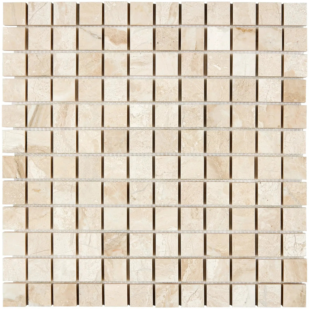 Beige mosaic tile sheet of Diano Royal Queen Beige Marble 1X1 Polished design