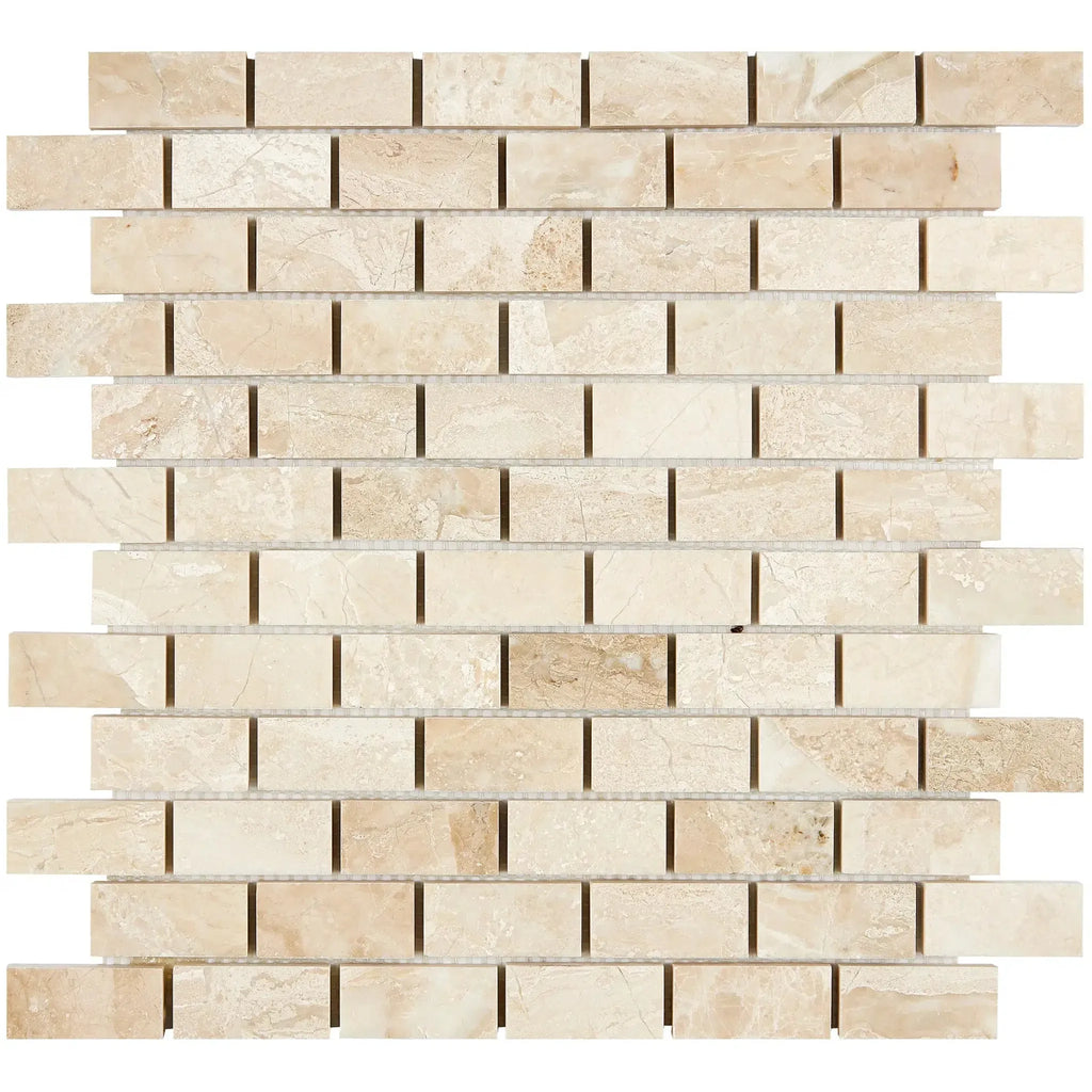 Beige brick mosaic tile featuring Diano Royal Queen Beige Marble polished finish