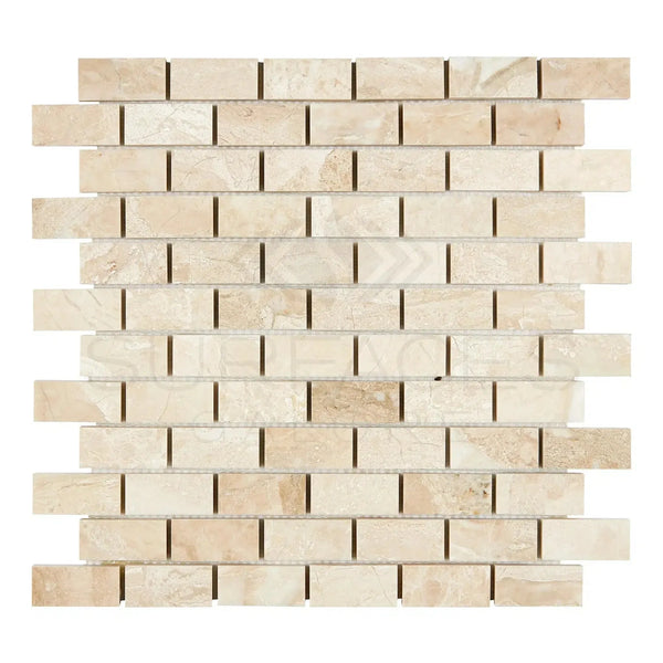 Beige marble brick mosaic tile from Diano Royal Queen Beige collection, polished finish