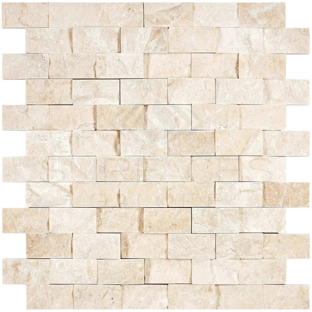 Beige stone brick wall featuring Diano Royal Queen Beige Marble mosaic design