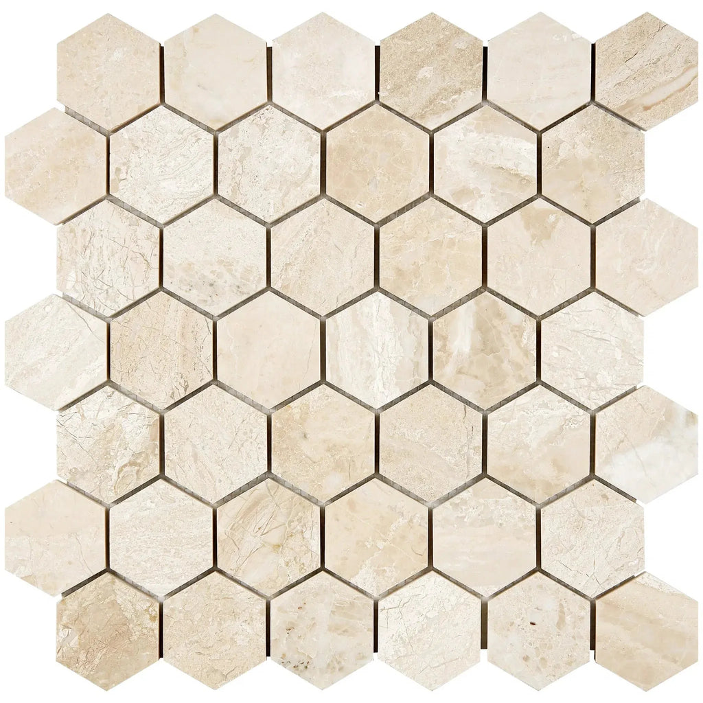 Beige hexagon mosaic tile from Diano Royal Marble 2 inch polished collection