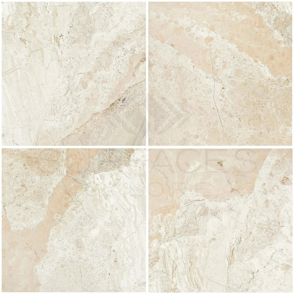 Four beige Diano Royal Marble 24X24 tiles, polished or honed, showcasing elegance