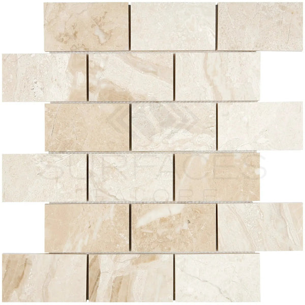 Beige marble brick mosaic tile from Diano Royal Queen Beige Marble 2X4 Polished collection