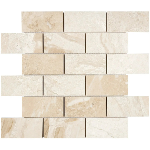 Beige marble brick mosaic tile in Diano Royal Queen Beige polished finish