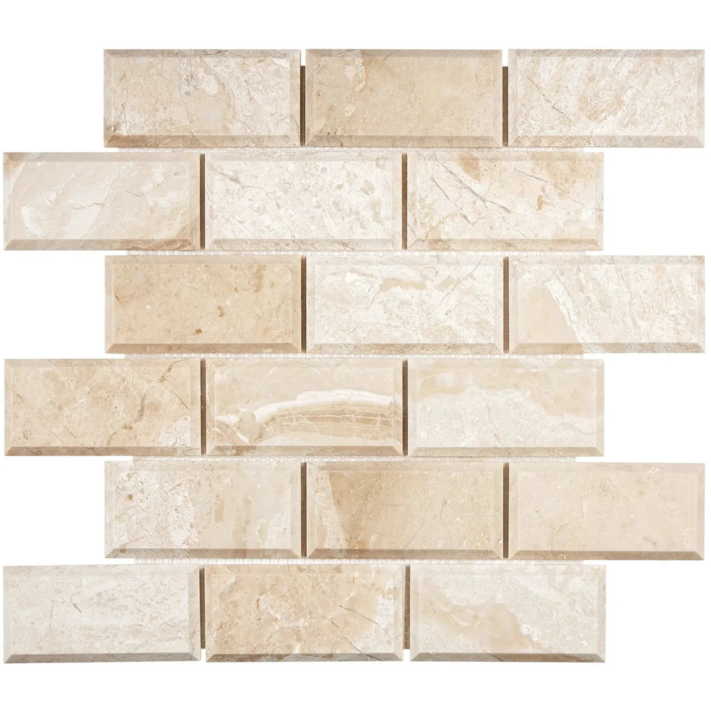 Beige marble brick mosaic tile from Diano Royal Queen Beige collection, polished finish