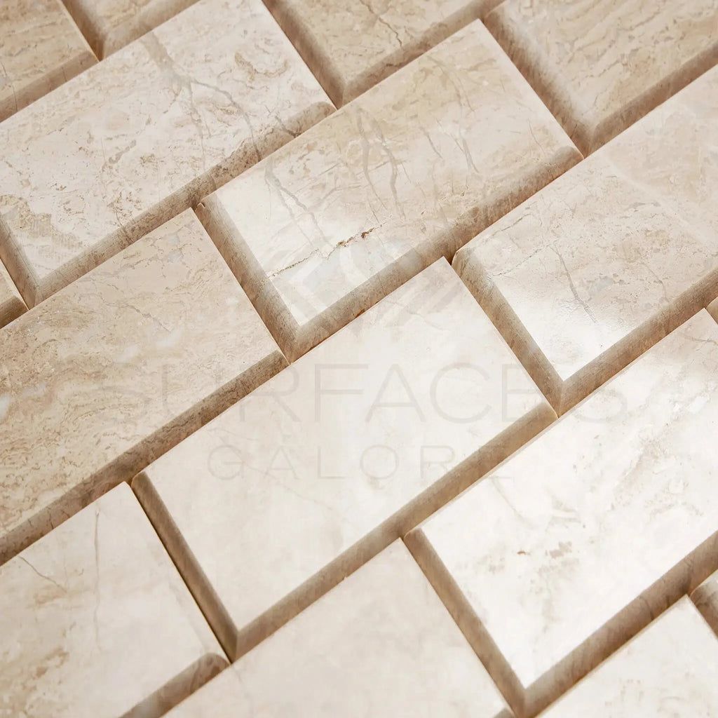 Beige marble brick tiles in Diano Royal (Queen Beige) 2X4 Pillowed Mosaic Polished