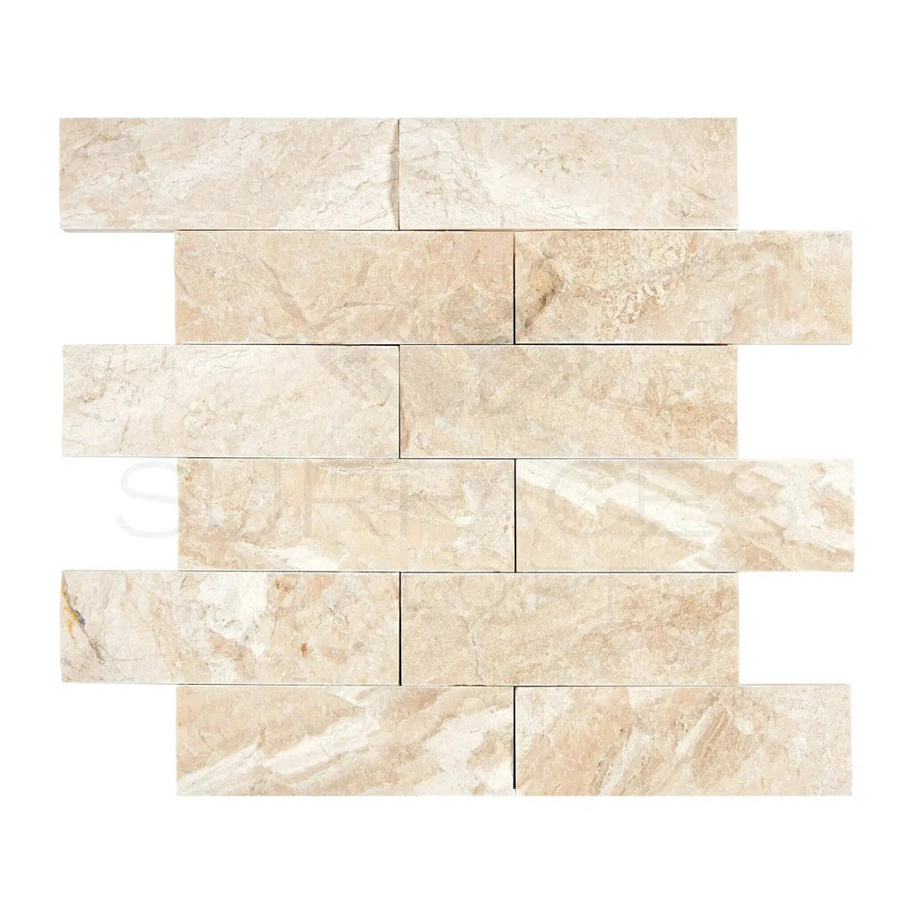 Beige marble brick mosaic from Diano Royal Queen Beige Marble 2X6 Split-Faced design