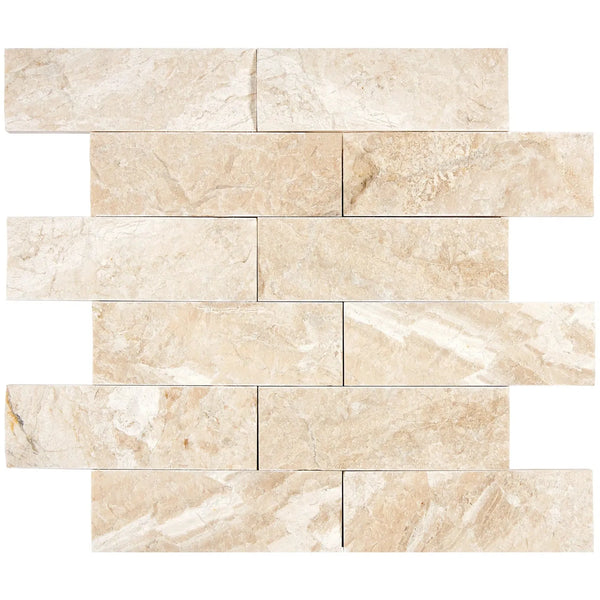 Beige marble brick wall of Diano Royal Queen Beige Marble 2X6 mosaic split-faced