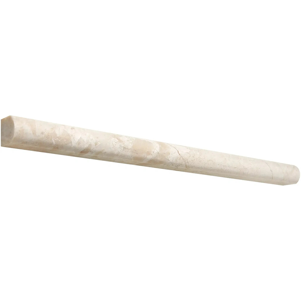 Cylindrical stick of chalk on Diano Royal Marble 3/4X12 Bullnose Liner surface