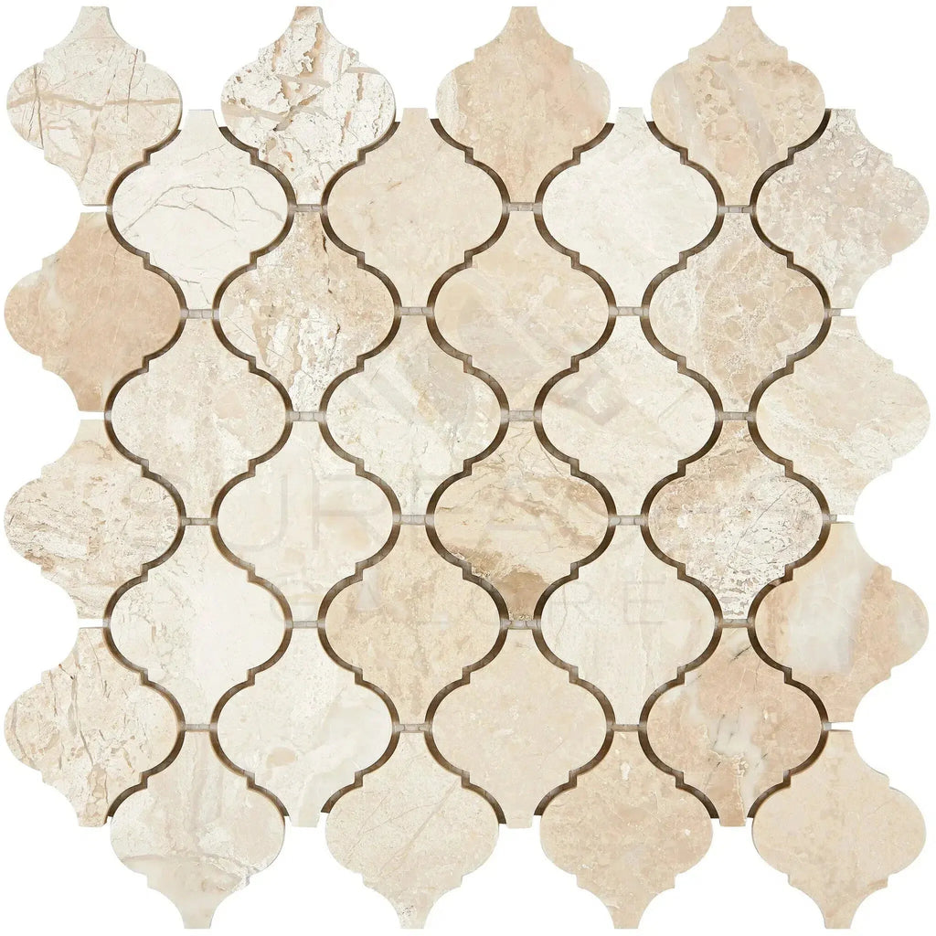 Beige marble mosaic tile in Diano Royal Queen Beige polished arabesque design