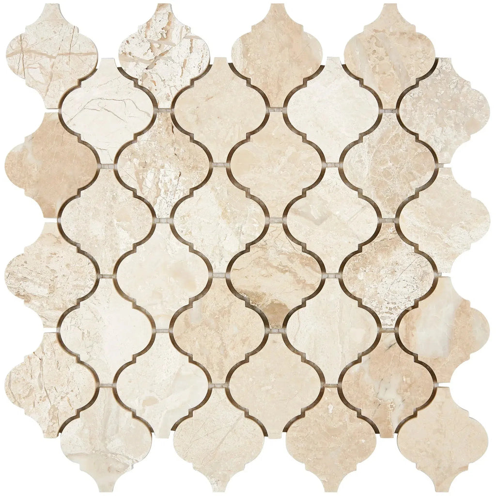 Beige marble mosaic tile featuring Diano Royal Queen Beige Arabesque design