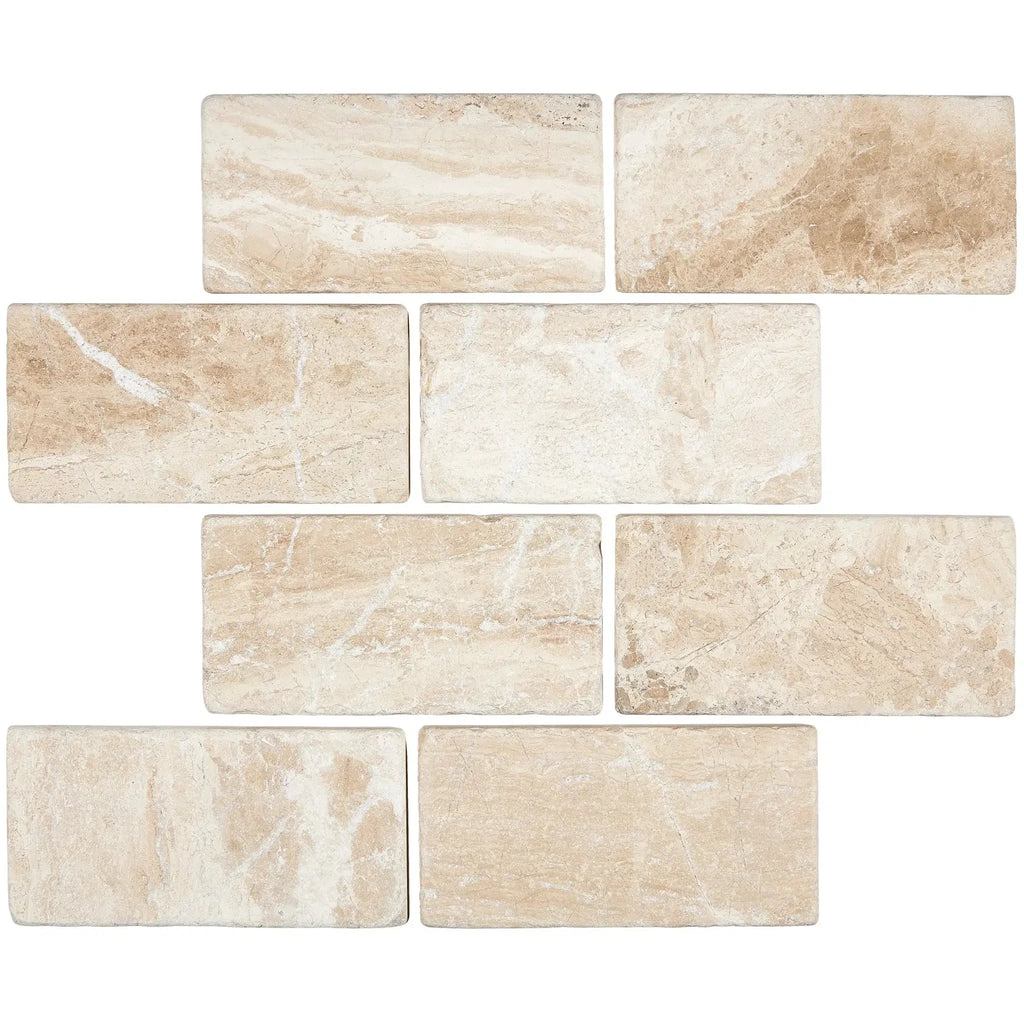 Rectangular travertine tiles from Diano Royal Queen Beige Marble 3X6 Tile Tumbled