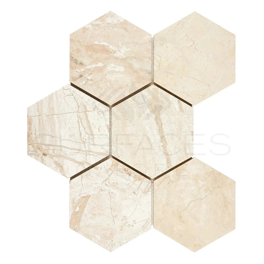 Beige marble hexagon tiles from Diano Royal Queen Beige Marble 4 inch mosaic polished