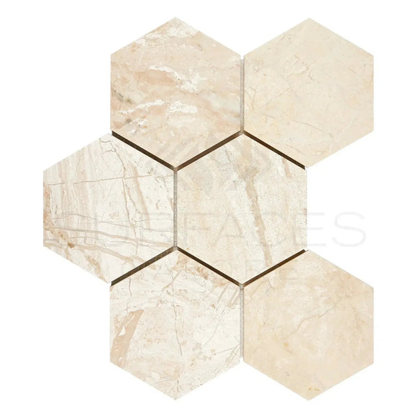 Beige marble hexagon tiles from Diano Royal Queen Beige Marble 4 inch mosaic polished