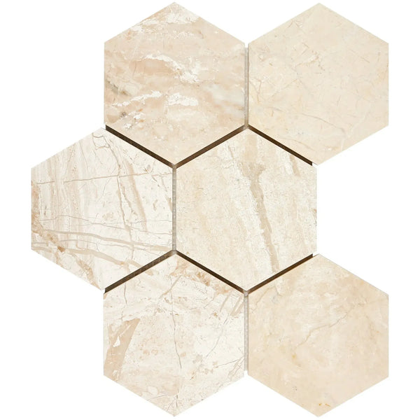 Beige marble hexagon tiles in Diano Royal Queen Beige Mosaic Polished design