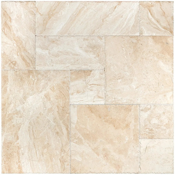 Beige marble tile pattern of Diano Royal Marble Versailles set, brushed and chiseled