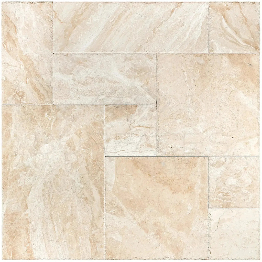 Beige marble tile pattern of Diano Royal (Queen Beige) Versailles set in brushed finish