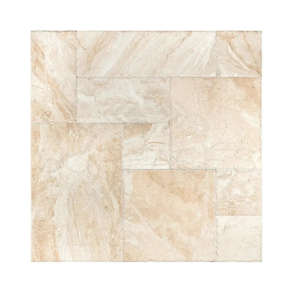 Beige marble tile pattern of Diano Royal French Pattern Set in brushed and chiseled finish