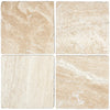 Four beige Diano Royal (Queen Beige) Marble 6X6 Tumbled tiles showcasing elegant design