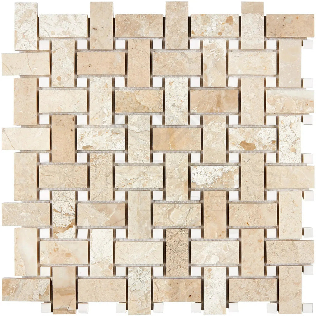 Beige woven mosaic tile from Diano Royal Marble Basketweave Polished collection