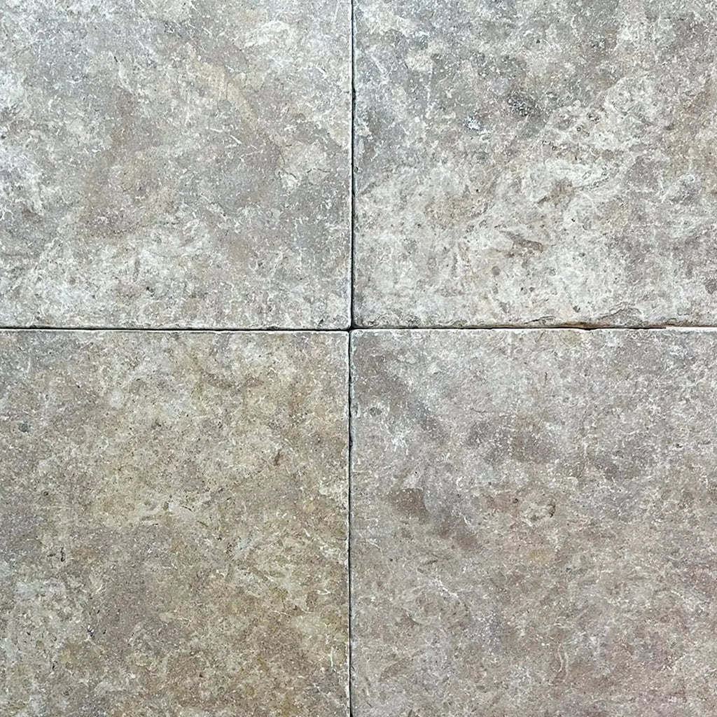 Four gray stone tiles from Dore Reale Light Golden Beige 12X12 Tumbled Tile