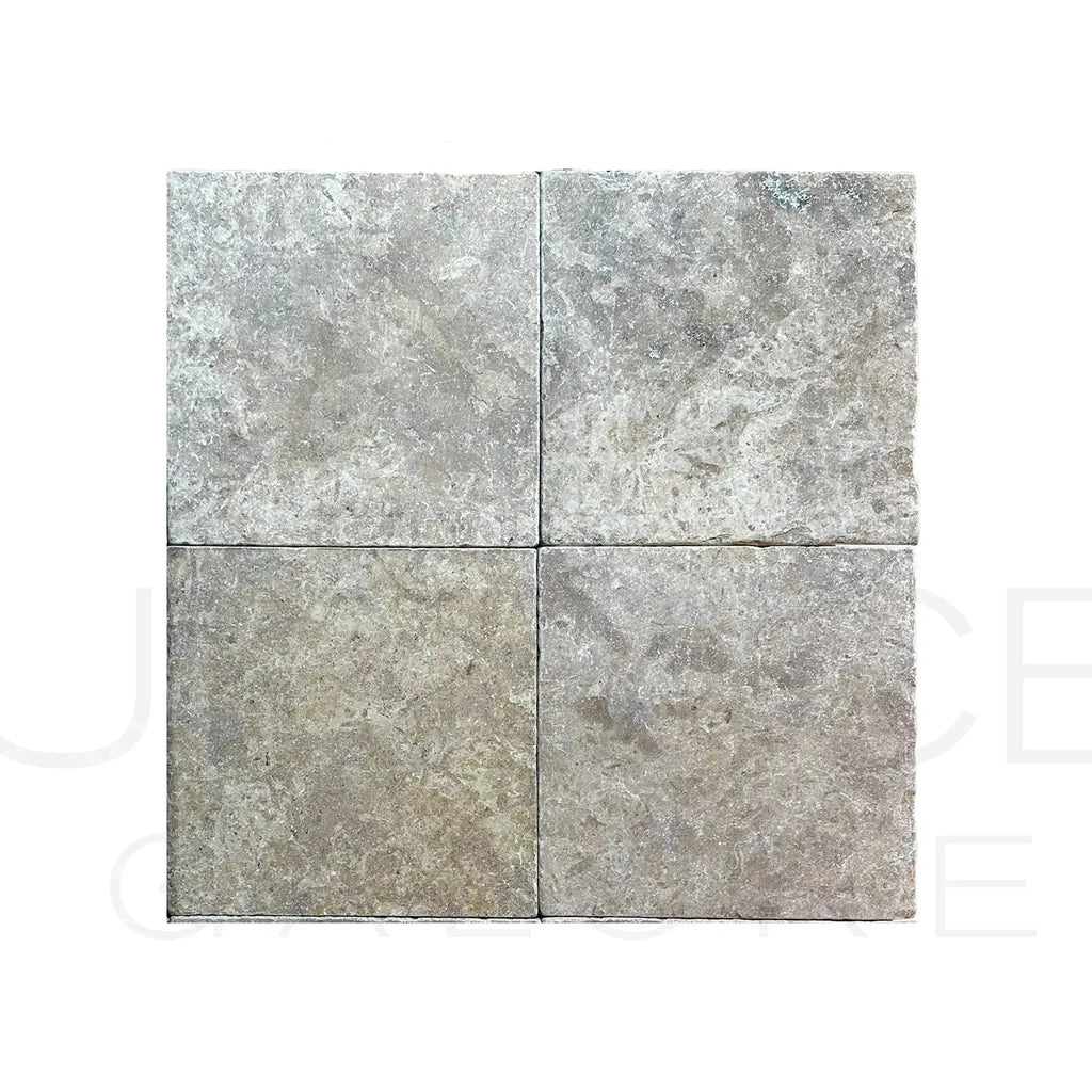 Four gray stone tiles of Dore Reale Light Golden Beige Tumbled Tile 12X12