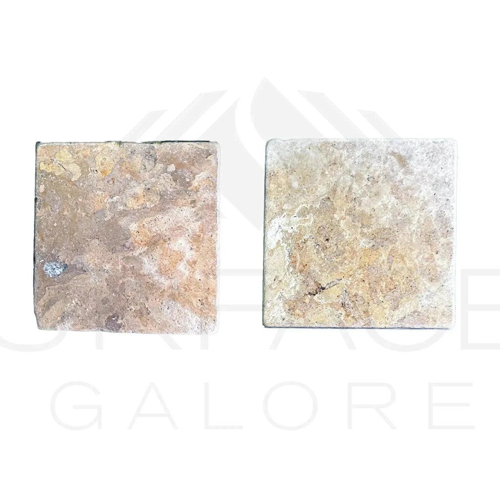 Two square Dore Reale Light Golden Beige travertine tiles for flooring