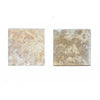 Two square Dore Reale Light travertine tiles in Golden Beige 6X6 Tumbled design