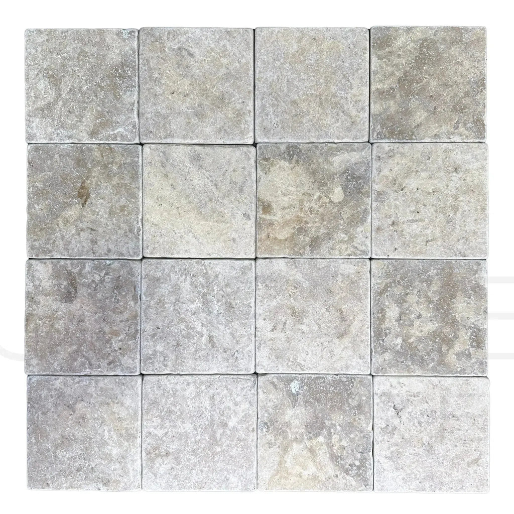 Square gray stone tiles of Dore Reale Light Golden Beige 6X6 Tumbled Tile