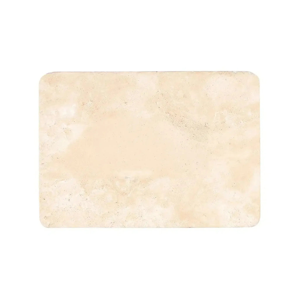 Rectangular bar of soap on Durango Paredon Mexican 16X24 travertine tumbled surface