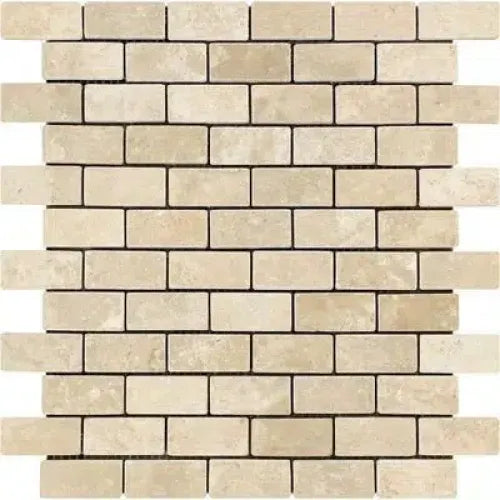 Beige brick mosaic tile from Durango Paredon Mexican 1X2 Travertine Tumbled collection