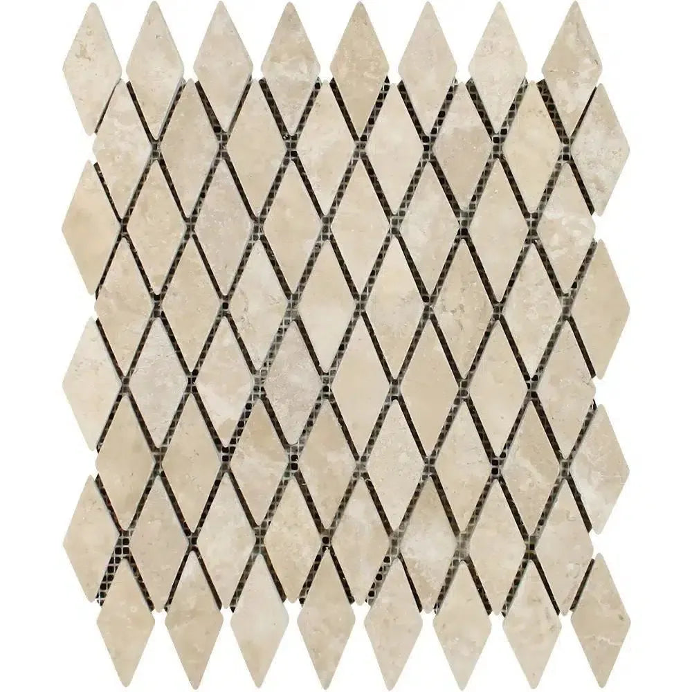 Diamond-shaped beige marble mosaic tile sheet for Durango Paredon Travertine