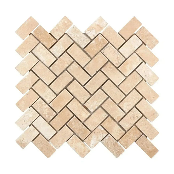 Beige herringbone tile pattern in Durango/Paredon Mexican 1X2 Mosaic Travertine