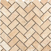 Herringbone pattern of beige tiles in Durango Paredon 1X2 Mosaic Travertine Tumbled