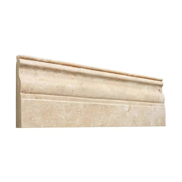 Beige travertine molding in Durango Paredon 4X12 baseboard trim liner honed finish