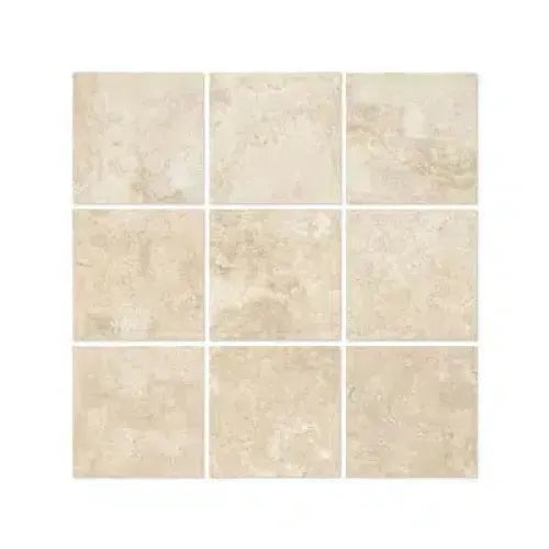 Nine square beige tiles of Durango/Paredon Mexican 4X4 Travertine Filled and Honed